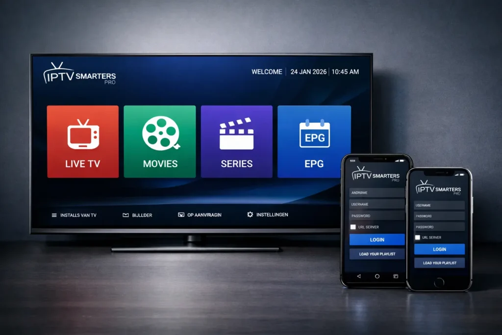 IPTV Smarters Pro dashboard op Smart TV met Android en iOS apparaten in 2026