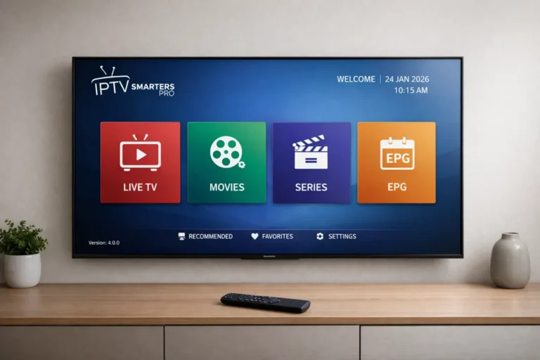 IPTV Smarters Pro interface op Smart TV met groot scherm